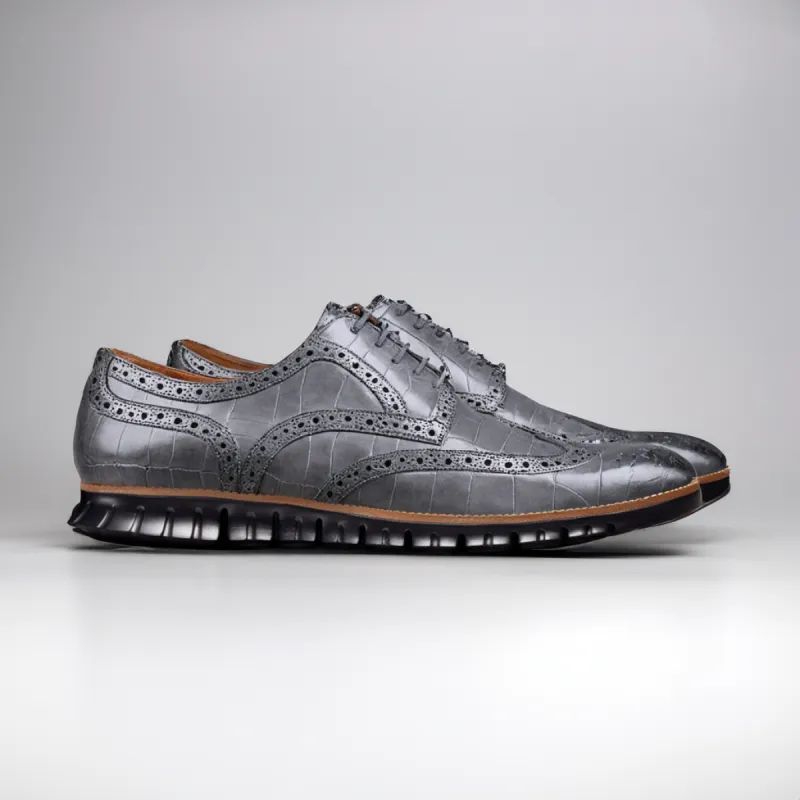 Grey Croc Print Leather Everett Lace Up Oxfords with Black Hybrid Sole - SS23 sold by Costoso Italiano