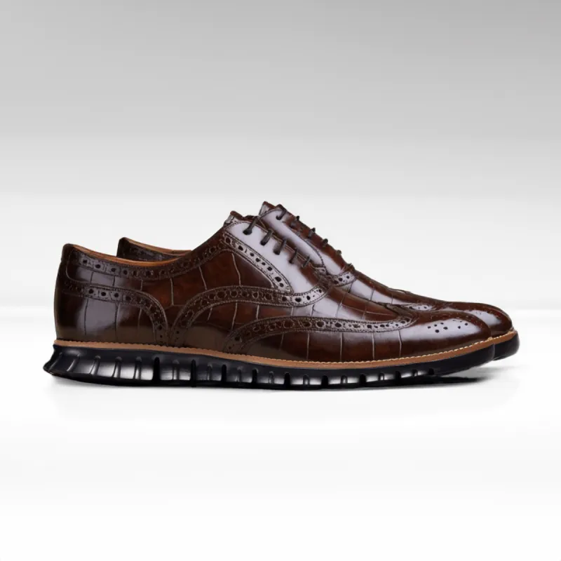Brown Croc Print Leather Everett Lace Up Oxfords with Black Hybrid Sole - SS23 sold by Costoso Italiano