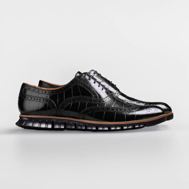 Black Croc Print Leather Everett Lace Up Oxfords with Black Hybrid Sole - SS23 sold by Costoso Italiano