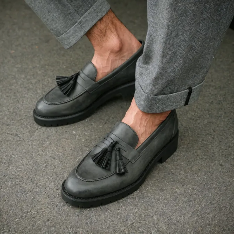 Grey Leather Belize Chunky Tassel Loafers - With Track Soles - AW24 sold by Costoso Italiano