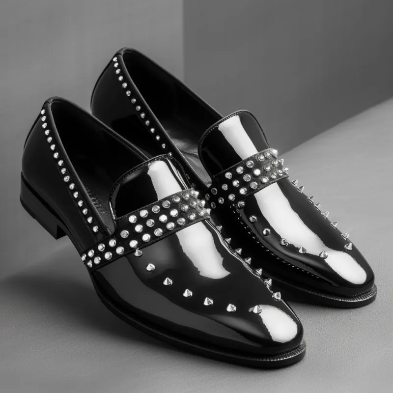 Black Patent Leather Spike Glimra Slip On Studded Loafers - SS23 sold by Costoso Italiano