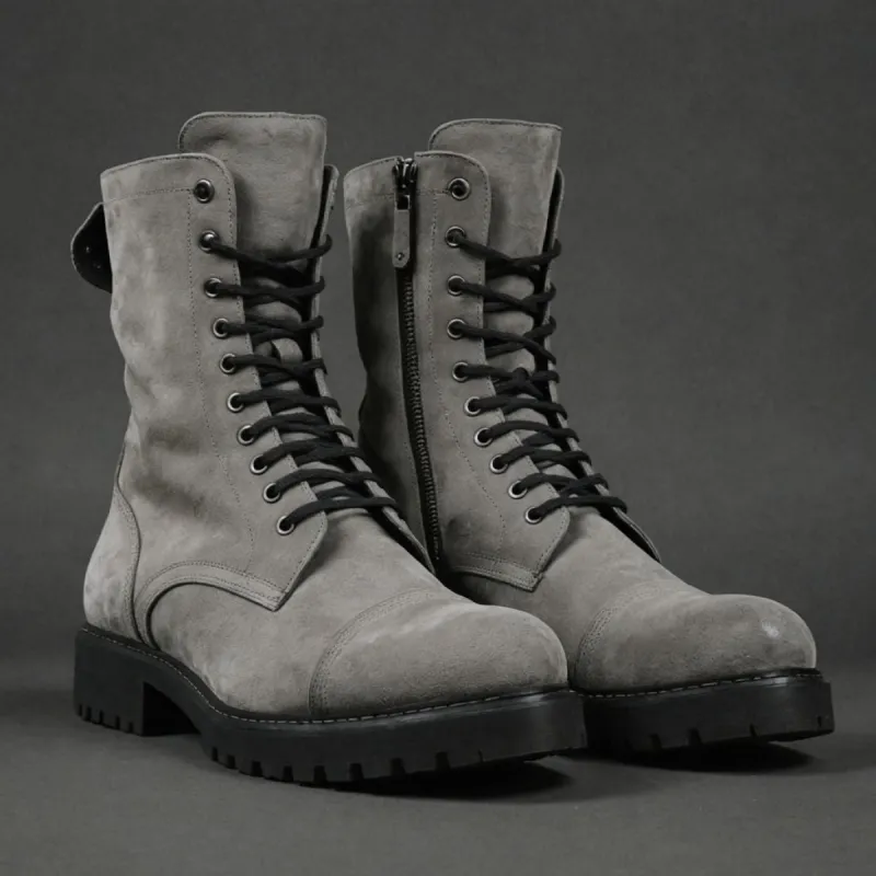 Grey Suede Leather Oriella Lace Up Chunky Derby Boots with Zipper and Track Sole - AW24 - Hiking and Trekking Boots sold by Costoso Italiano