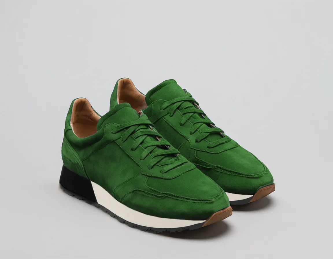 Green Suede Leather Nausori Lace Up Running Sneaker Shoes sold by Costoso Italiano