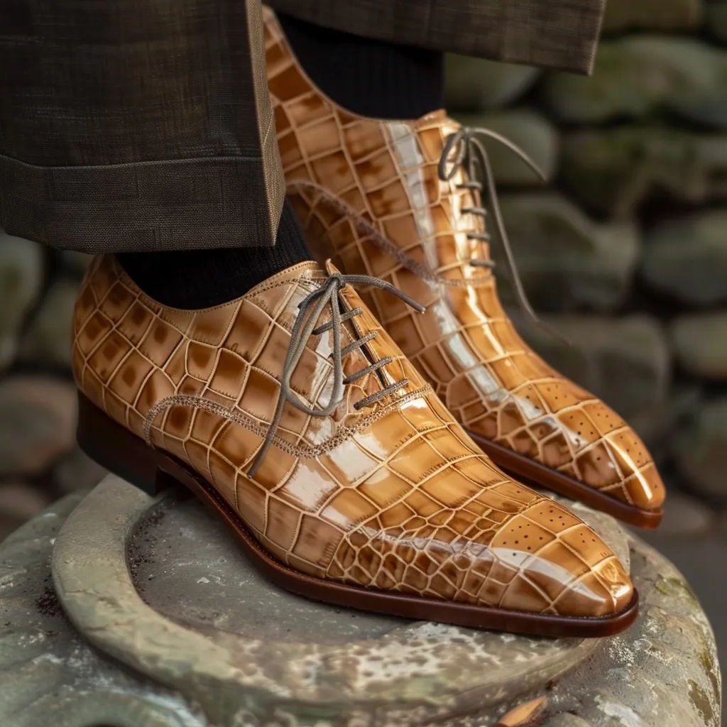 Marino Tan Leather Croc Print Oxford sold by Costoso Italiano