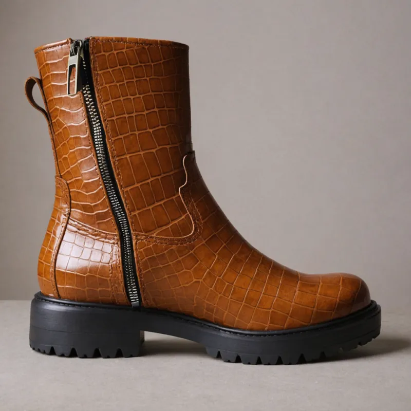 Tan Croc Print Leather Massimiliano With Thick Sole Zipper Boots sold by Costoso Italiano
