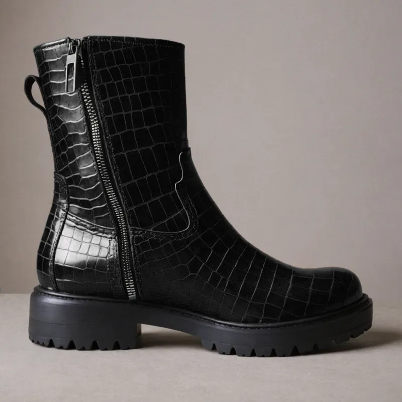 Black Croc Print Leather Massimiliano With Thick Sole Zipper Boots sold by Costoso Italiano