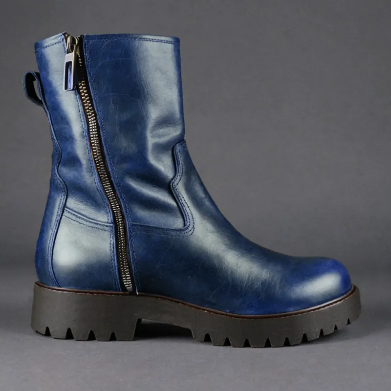 Blue Leather Massimiliano With Thick Sole Zipper Boots sold by Costoso Italiano