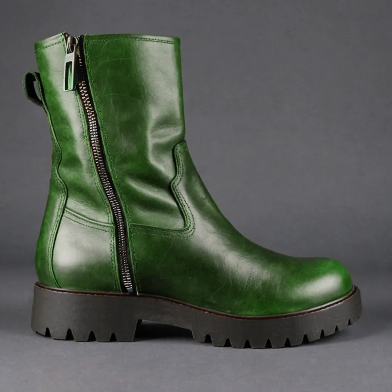 Green Leather Massimiliano With Thick Sole Zipper Boots sold by Costoso Italiano