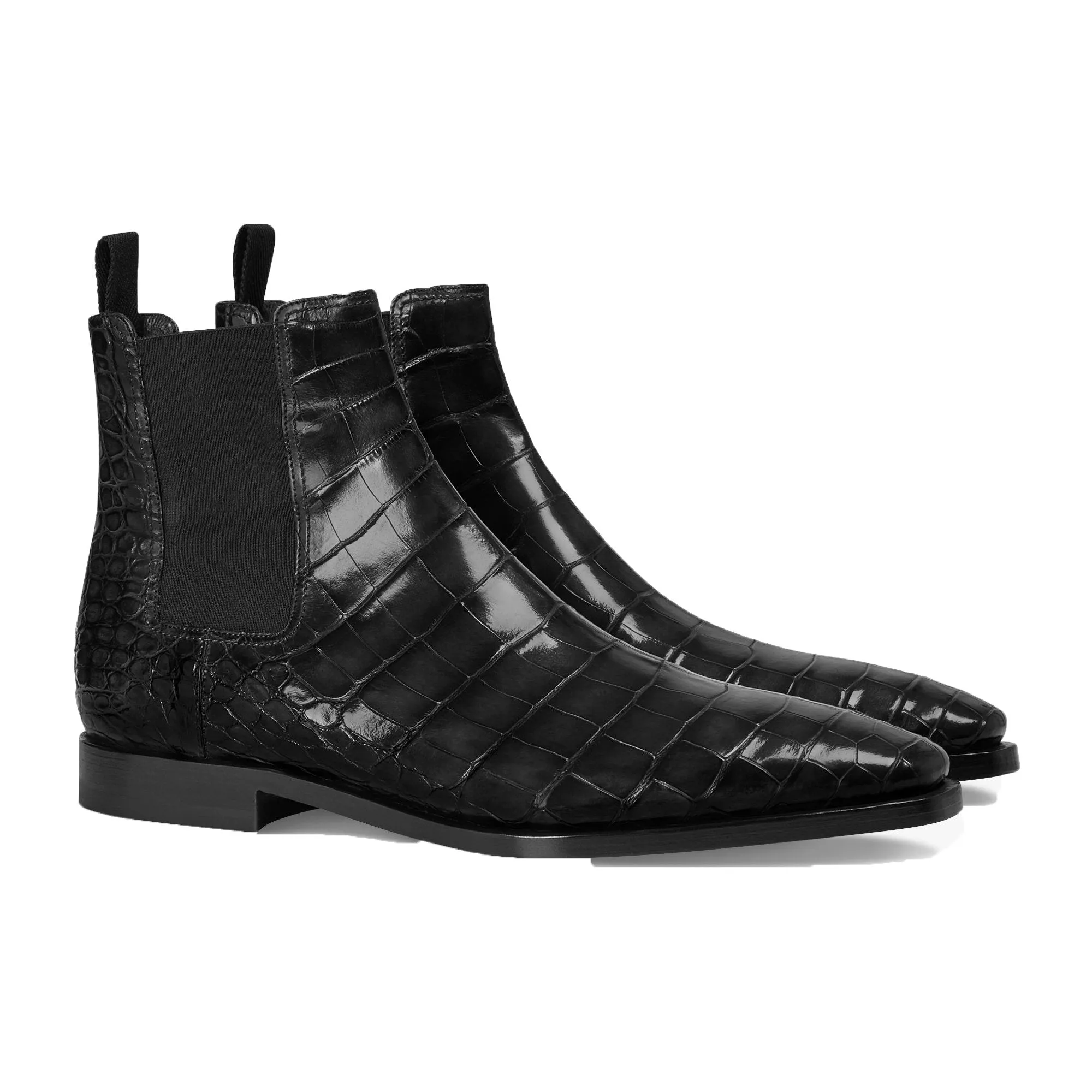 Flat Feet Shoes - Black Alligator Textured Leather Evington Chelsea Slip On Boots with Arch Support sold by Costoso Italiano