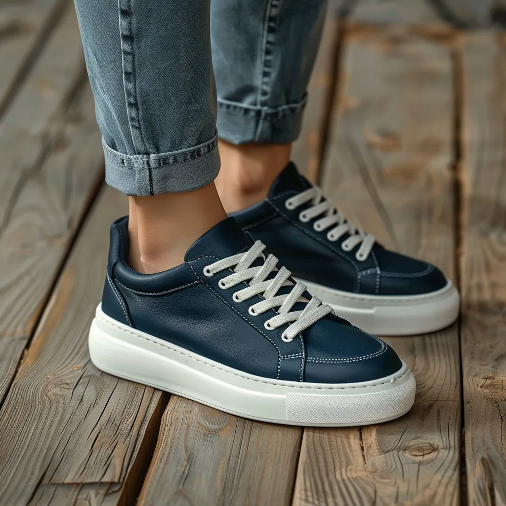 Navy Blue Leather Elite Lace-Up Sneakers with White Sole - Summer 2024 Collection sold by Costoso Italiano