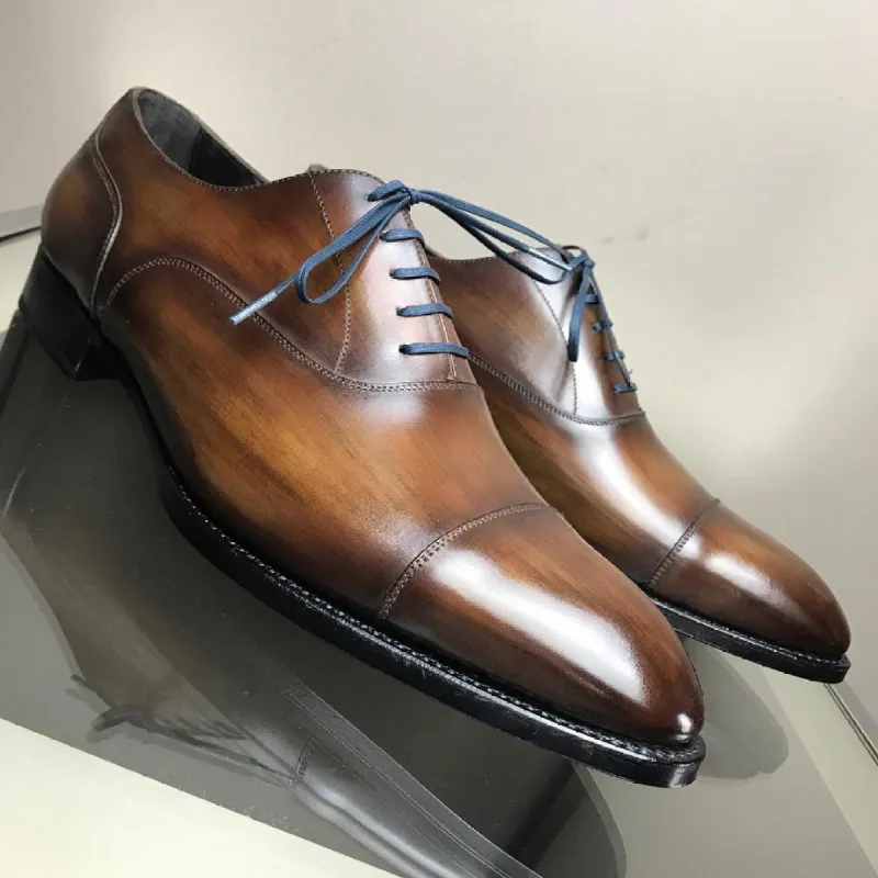 Height Increasing Tan Leather Sagres Toecap Oxfords - Formal Shoes sold by Costoso Italiano