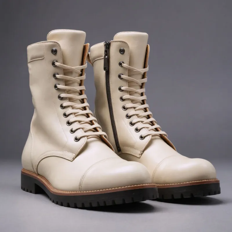 Cream Leather Oriella Lace Up Chunky Derby Boots with Zipper and Track Sole - AW24 - Hiking and Trekking Boots sold by Costoso Italiano