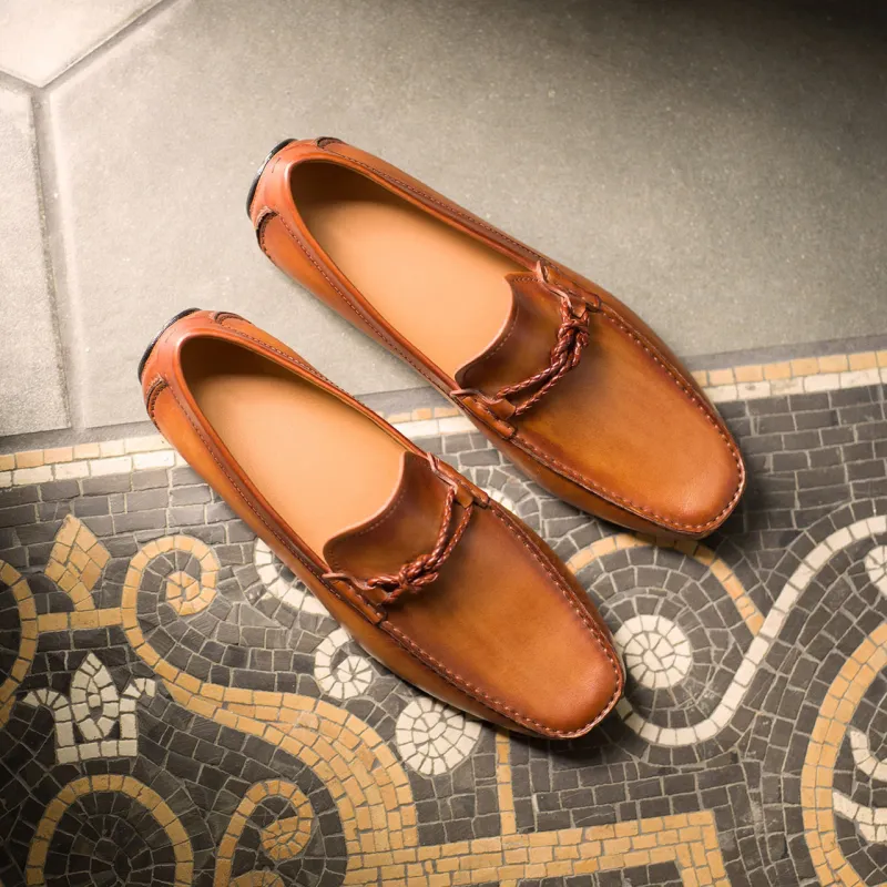 Height Increasing Tan Leather Davos Driving Loafers - AW22 sold by Costoso Italiano