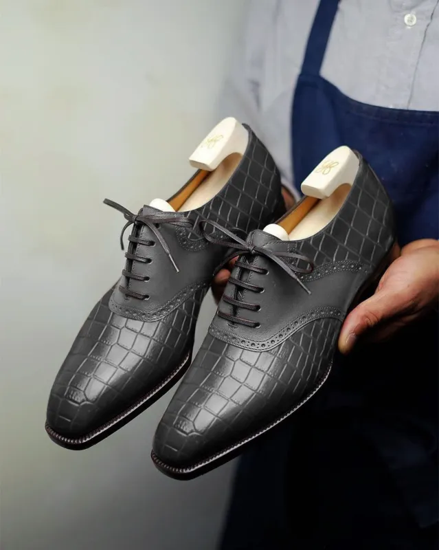 Grey Croc Print Leather Elowen Brogue Oxfords - Formal Shoes - SS23 sold by Costoso Italiano
