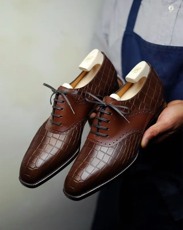 Grey Croc Print Leather Elowen Brogue Oxfords - Formal Shoes - SS23 sold by Costoso Italiano