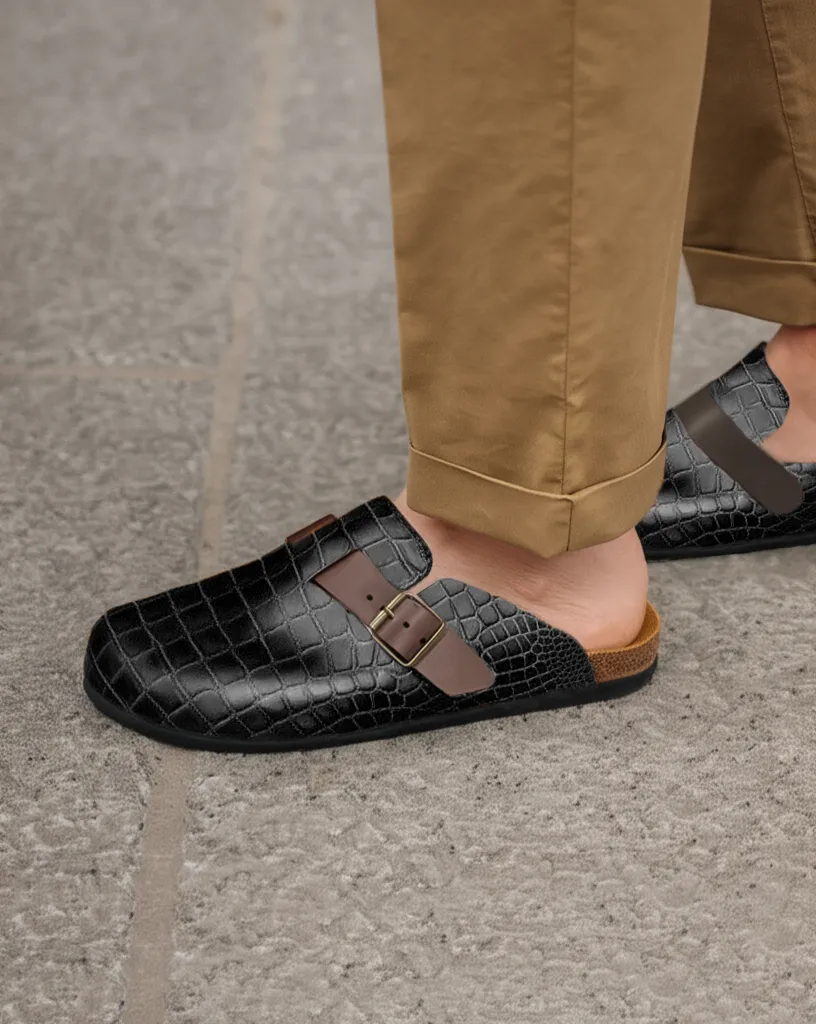 Tan Croc Print Leather Pedestal Platforms Clogs - Summer 2024 Collection sold by Costoso Italiano