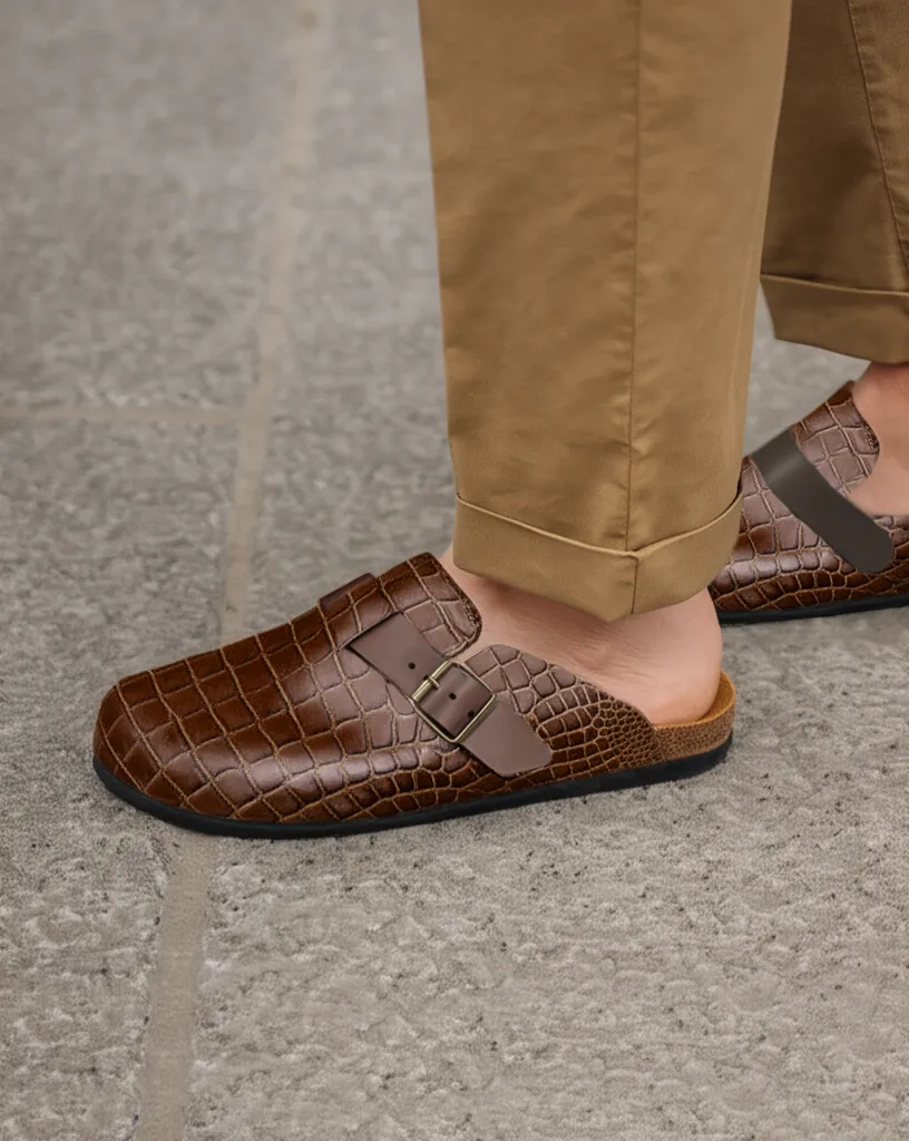 Brown Croc Print Leather Pedestal Platforms Clogs - Summer 2024 Collection sold by Costoso Italiano