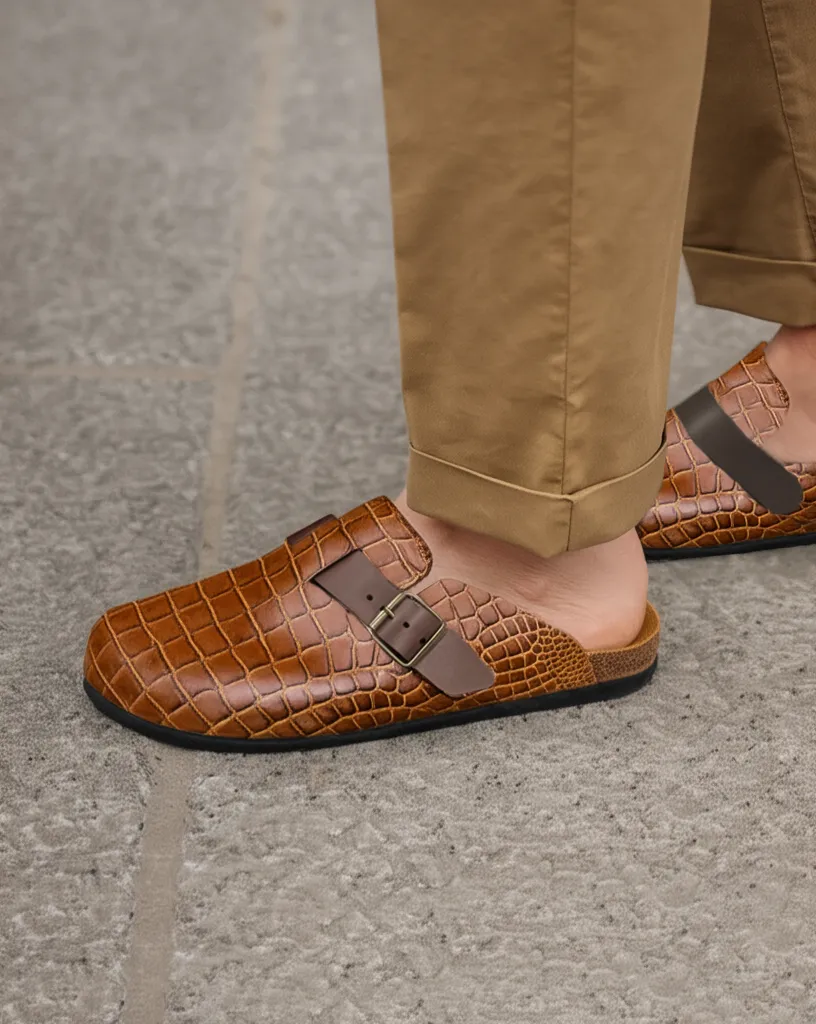 Brown Croc Print Leather Pedestal Platforms Clogs - Summer 2024 Collection sold by Costoso Italiano