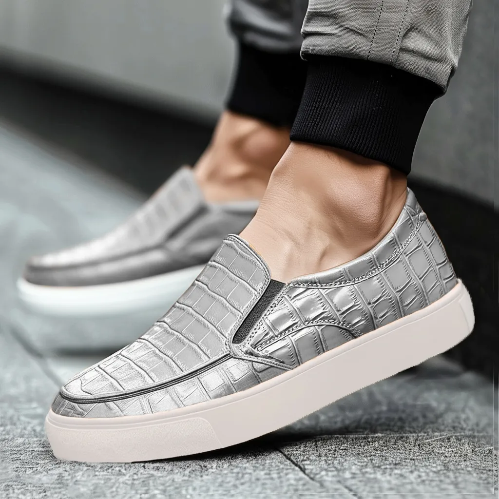 Grey Croc Print Leather Wheat Whisper Slip On Sneakers  - Summer 2024 Collection sold by Costoso Italiano