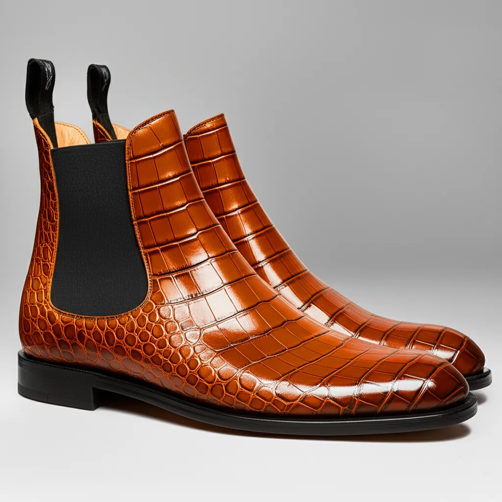 Tan Croc Print Leather Celso Chelsea Boot sold by Costoso Italiano