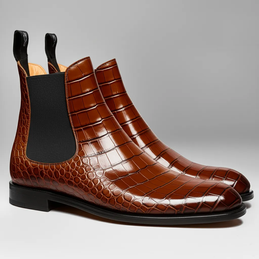 Brown Croc Print Leather Celso Chelsea Boot sold by Costoso Italiano