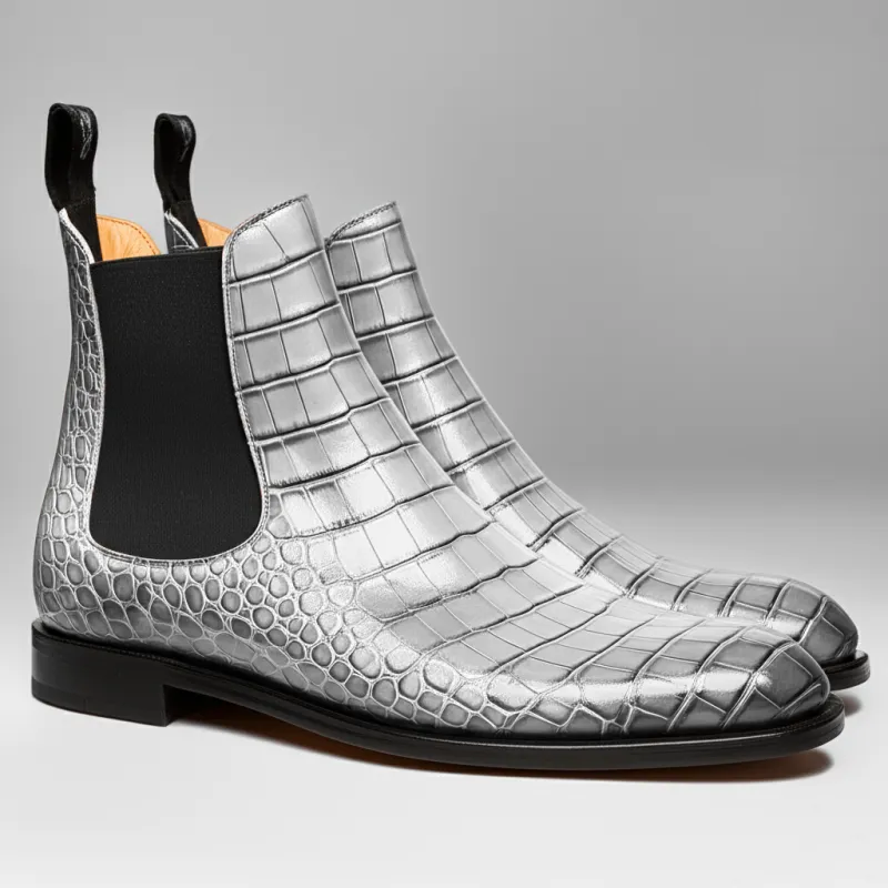 White Croc Print Leather Celso Chelsea Boot sold by Costoso Italiano