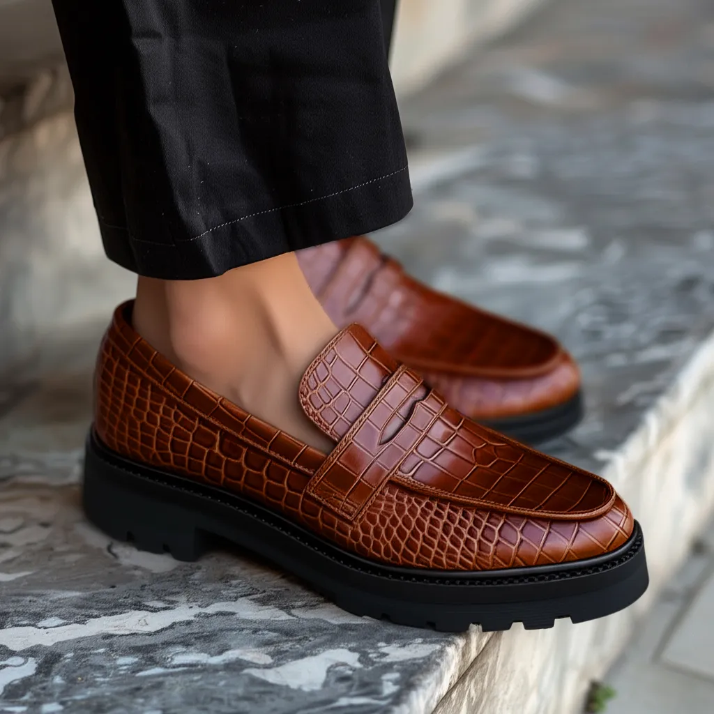 Brown Croc Print Leather Aristide With Thick Sole Loafers sold by Costoso Italiano