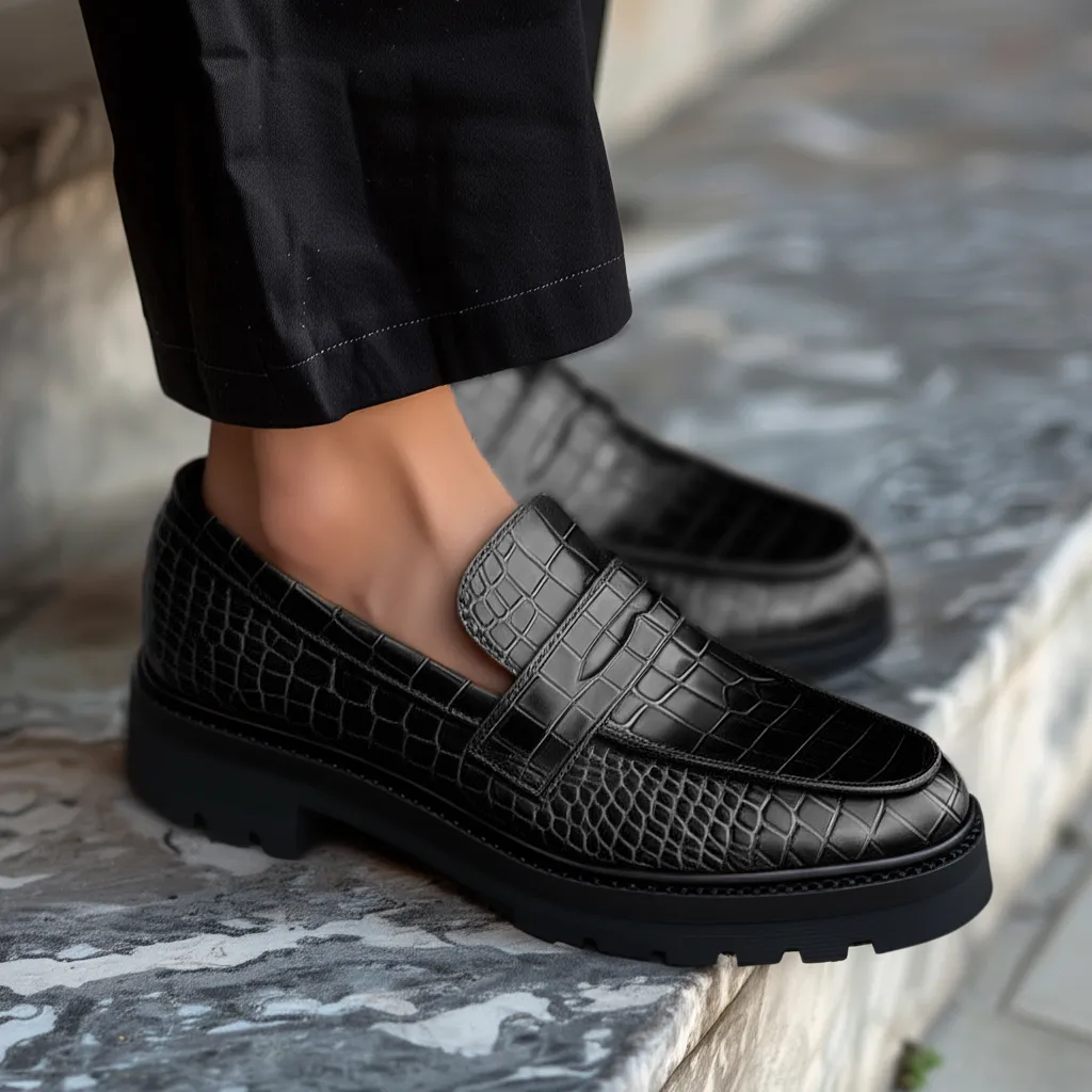 Black Croc Print Leather Aristide With Thick Sole Loafers sold by Costoso Italiano