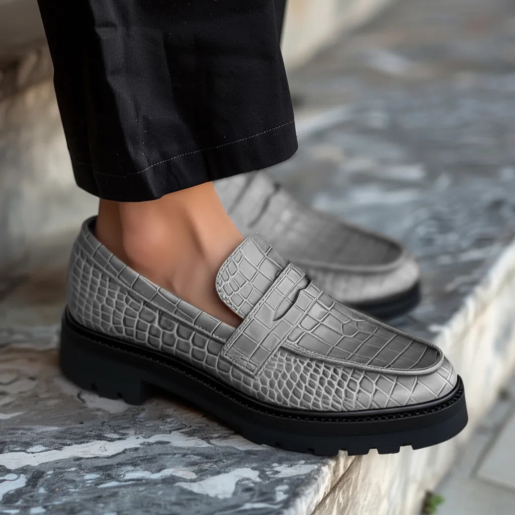Grey Croc Print Leather Aristide With Thick Sole Loafers sold by Costoso Italiano