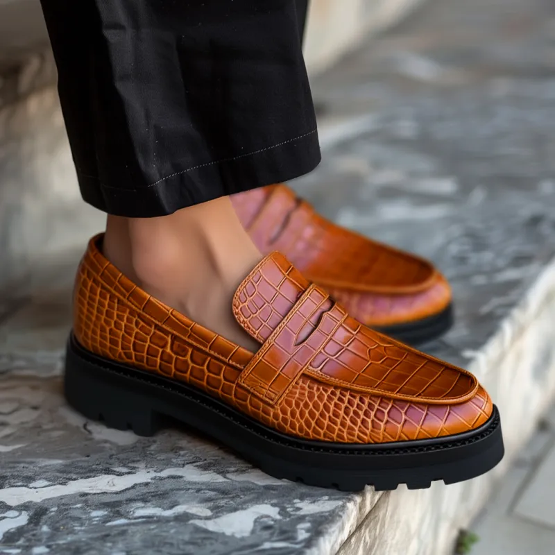 Tan Croc Print Leather Aristide With Thick Sole Loafers sold by Costoso Italiano