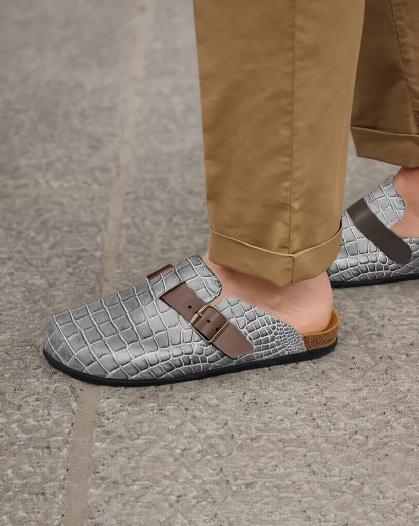 Grey Croc Print Leather Pedestal Platforms Clogs - Summer 2024 Collection sold by Costoso Italiano