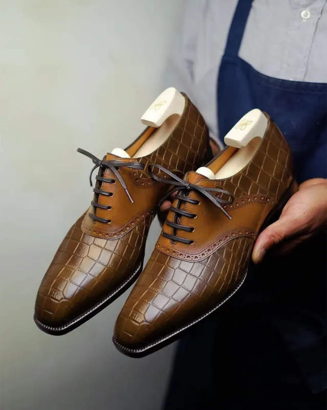 Tan Croc Print Leather Elowen Brogue Oxfords - Formal Shoes - SS23 sold by Costoso Italiano