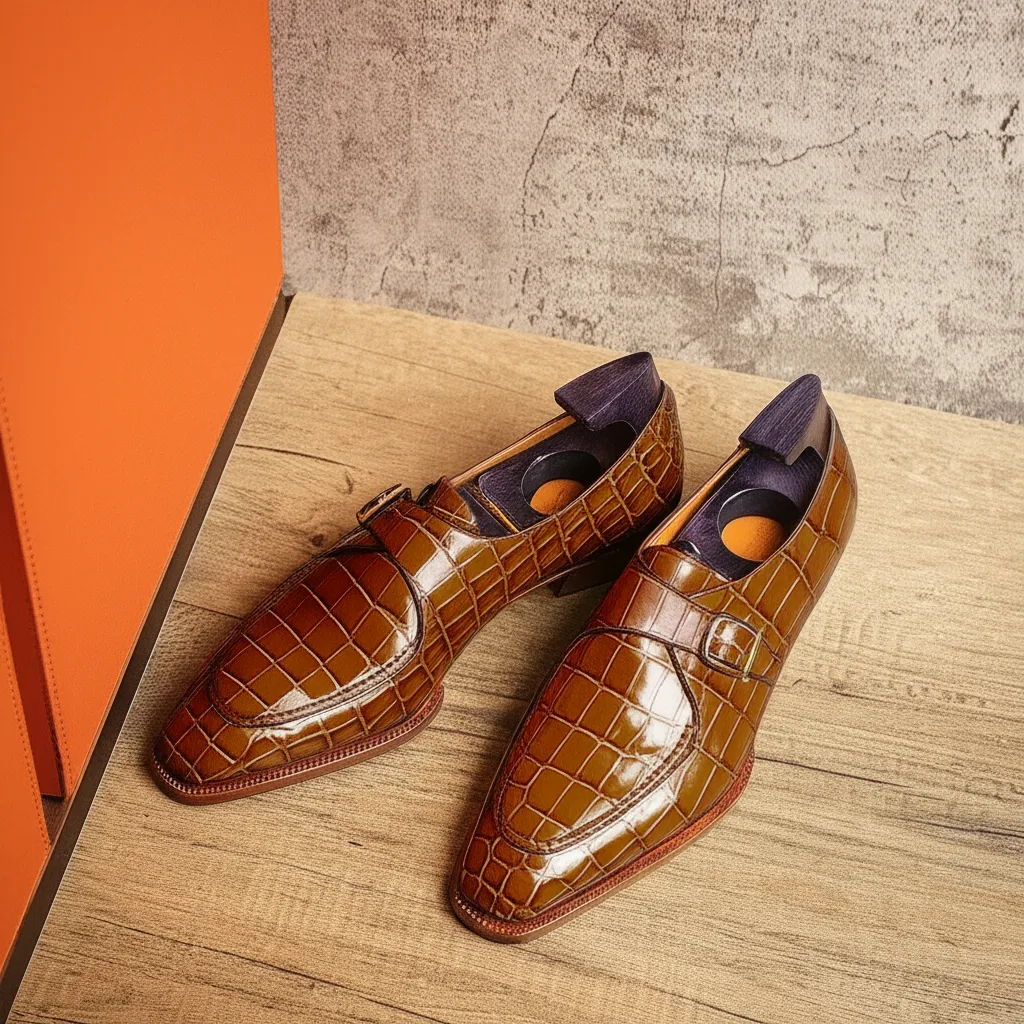 Brown Croc Print Leather Algarve Single Monk Straps - AW24 sold by Costoso Italiano