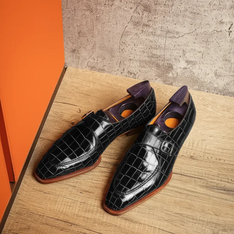 Black Croc Print Leather Algarve Single Monk Straps - AW24 : The Dapper Edit sold by Costoso Italiano