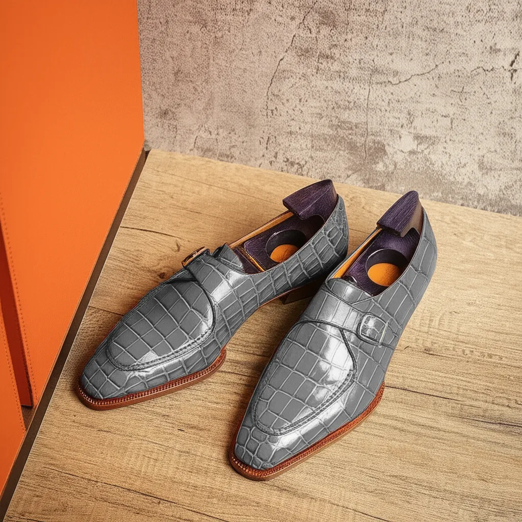 Grey Croc Print Leather Algarve Single Monk Straps - AW24 sold by Costoso Italiano