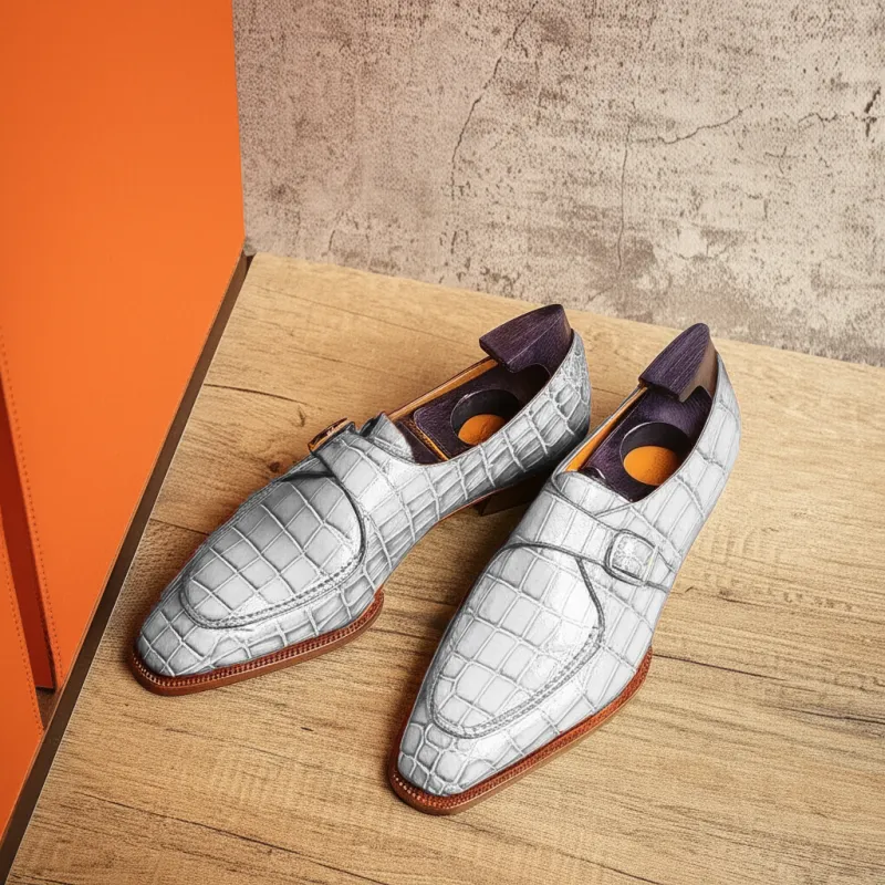 White Croc Print Leather Algarve Single Monk Straps - AW24 sold by Costoso Italiano