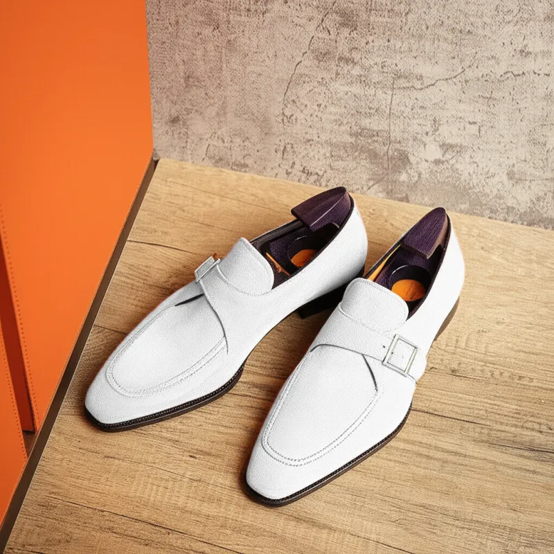 White Suede Leather Algarve Single Monk Straps - AW24 sold by Costoso Italiano
