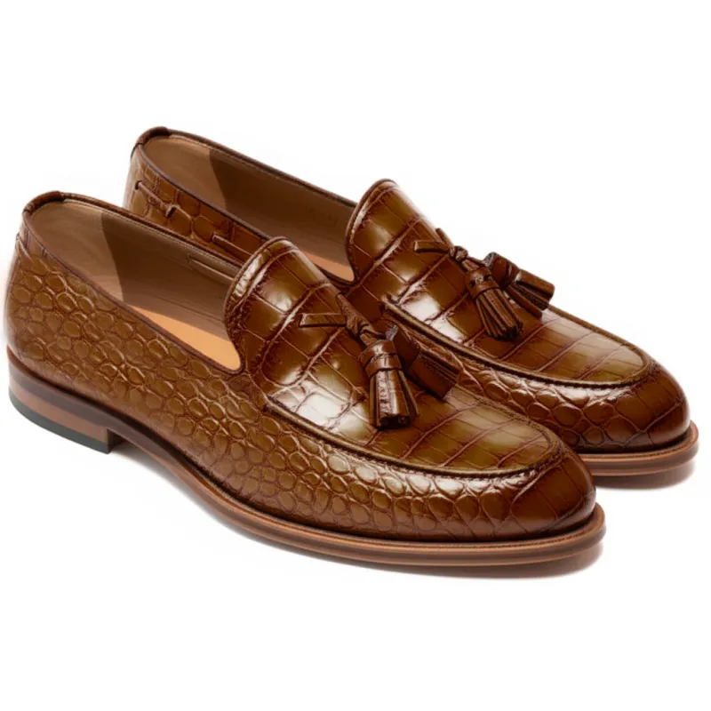 Brown Croc Print Leather Barbican Tassel Loafers sold by Costoso Italiano