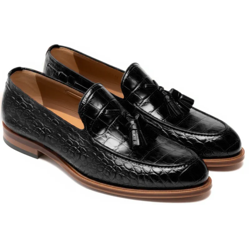 Black Croc Print Leather Barbican Tassel Loafers sold by Costoso Italiano