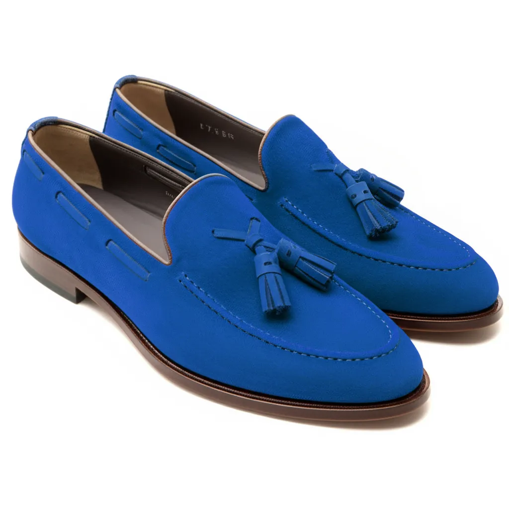 Blue Suede Leather Barbican Tassel Loafers sold by Costoso Italiano