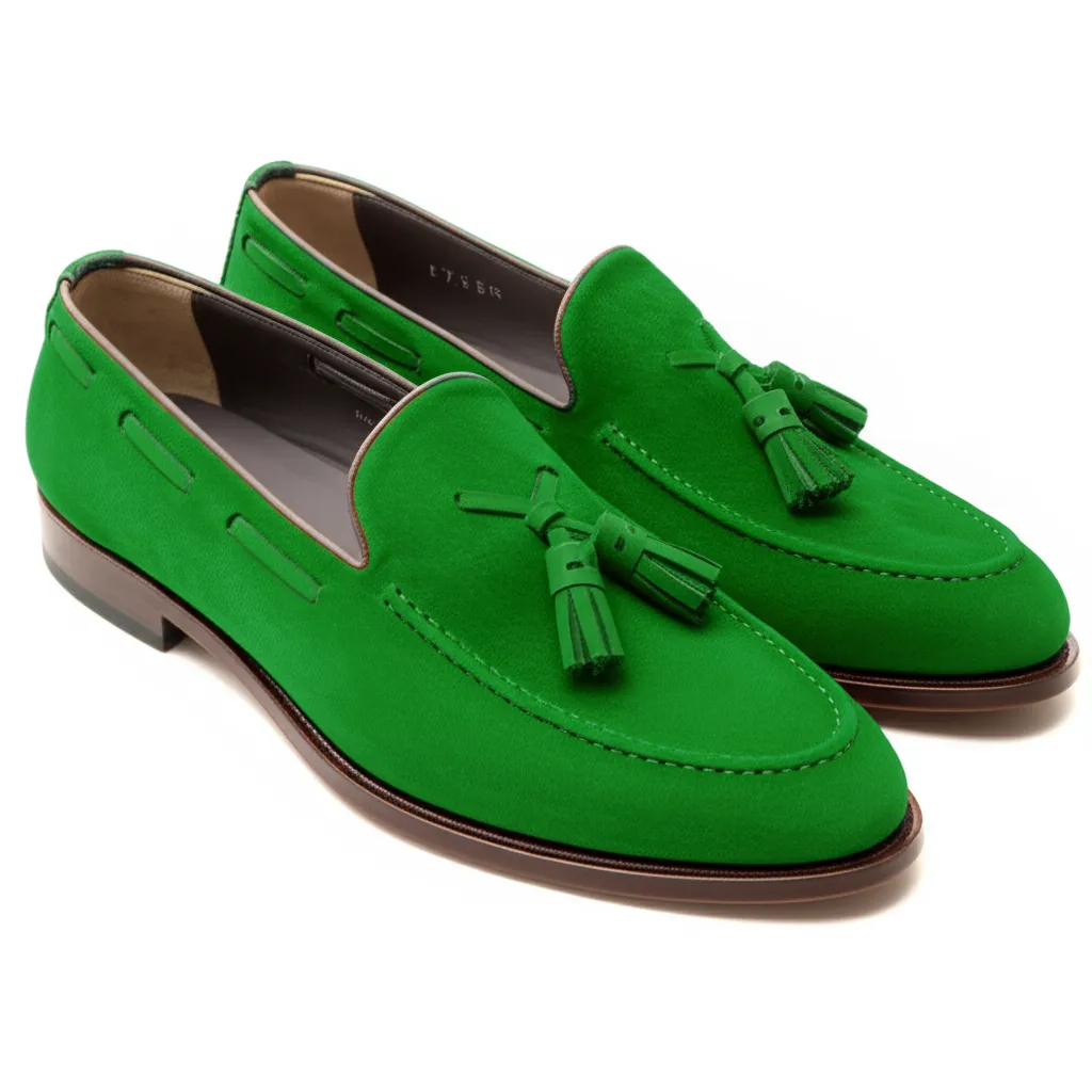 Green Suede Leather Barbican Tassel Loafers sold by Costoso Italiano