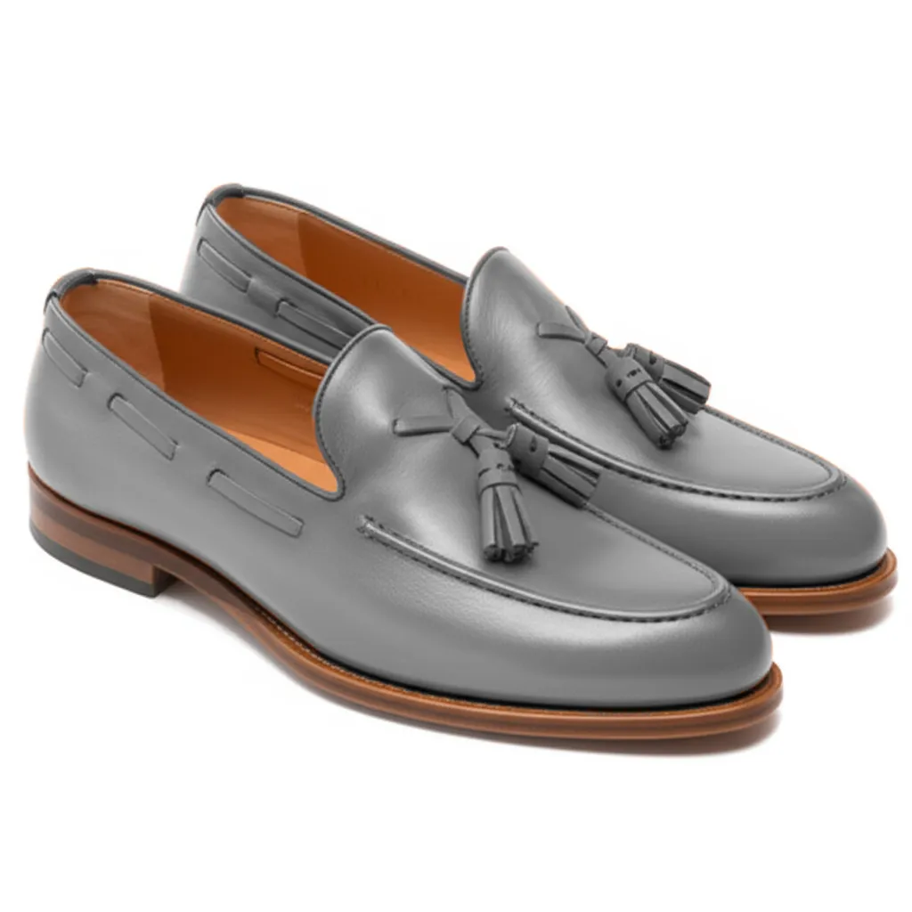 Grey Leather Barbican Tassel Loafers sold by Costoso Italiano