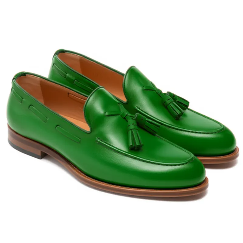 Green Leather Barbican Tassel Loafers sold by Costoso Italiano