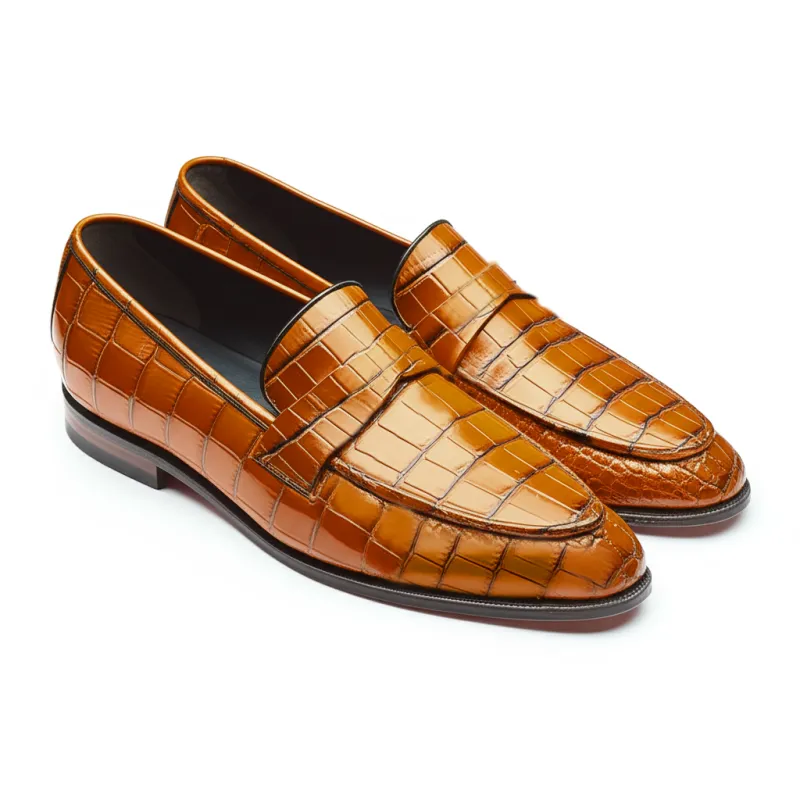 Tan Croc Print Leather Lucian Slip On Unlined Loafers - Comfort First Edition sold by Costoso Italiano