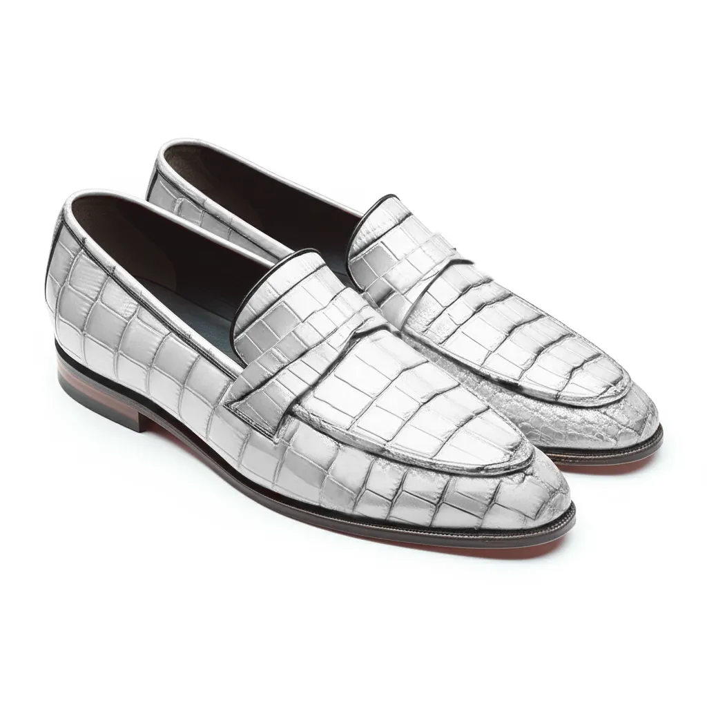White Croc Print Leather Lucian Slip On Unlined Loafers - Comfort First Edition sold by Costoso Italiano