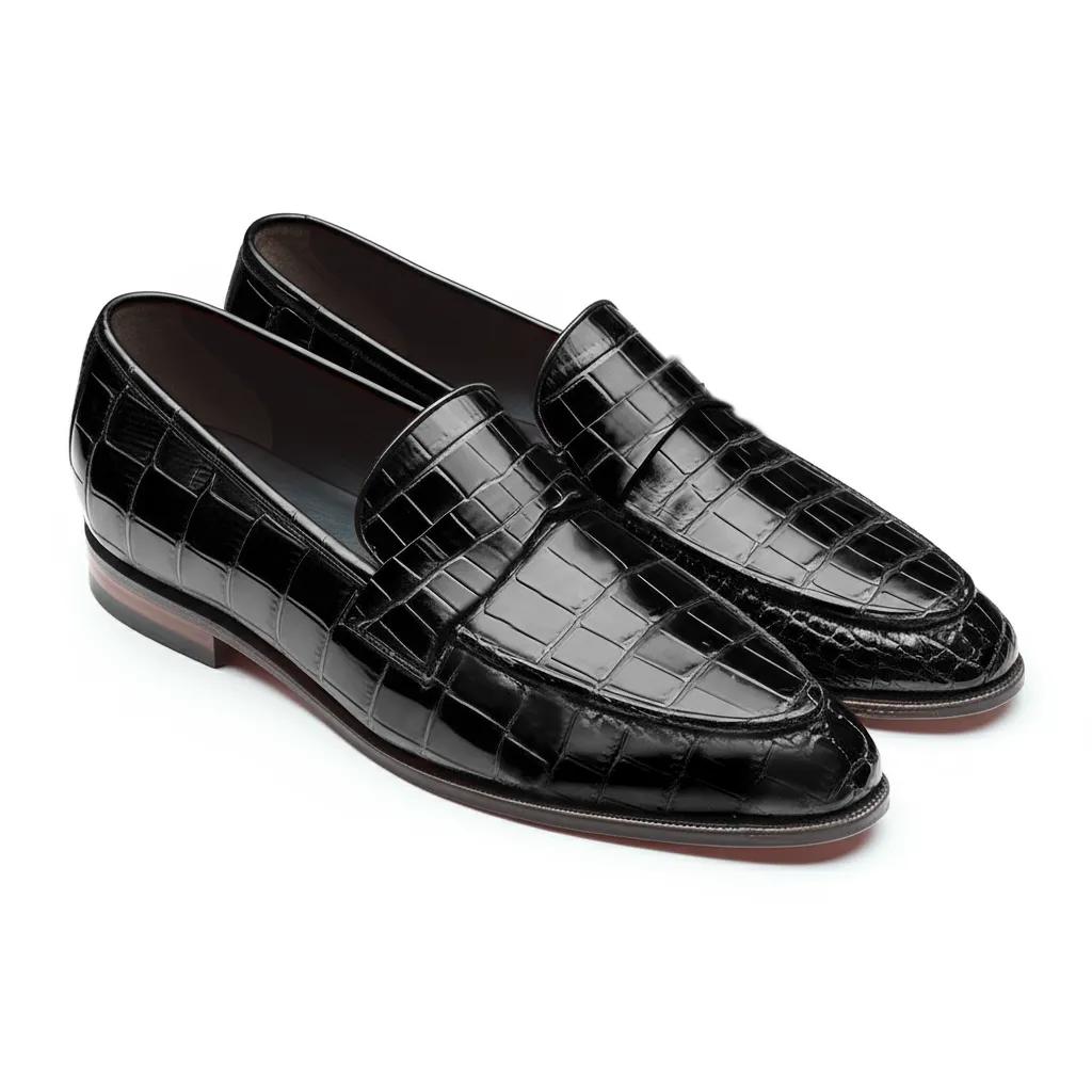 Black Croc Print Leather Lucian Slip On Unlined Loafers - Comfort First Edition sold by Costoso Italiano