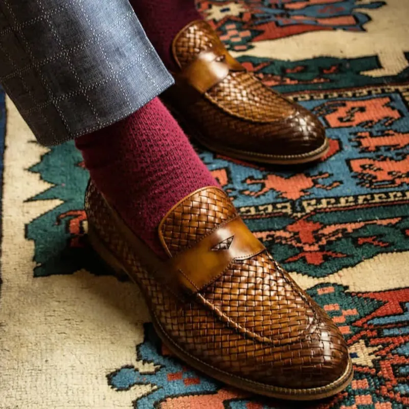 Height Increasing Tan Braided Leather Girona Horse Bit Loafers sold by Costoso Italiano