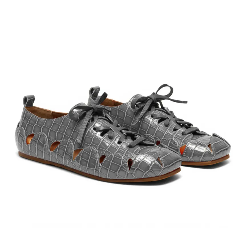 Grey Croc Print Leather Amigo Lace-Up Sneakers sold by Costoso Italiano