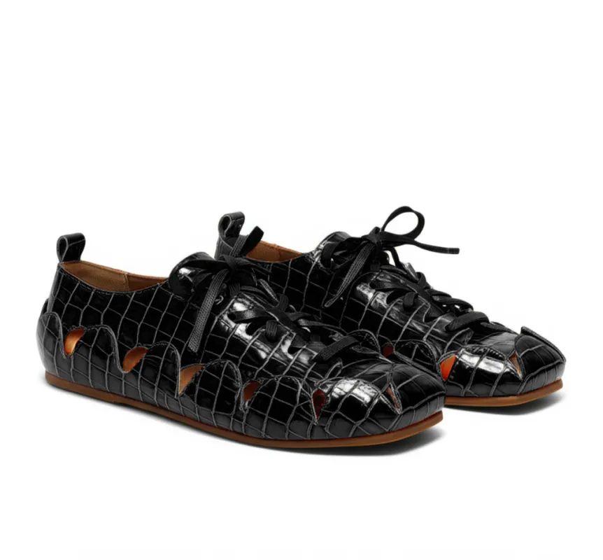 Black Croc Print Leather Amigo Lace-Up Sneakers sold by Costoso Italiano