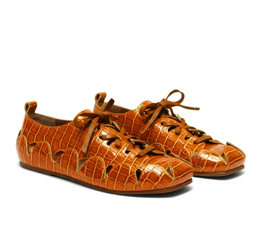 Tan Croc Print Leather Amigo Lace-Up Sneakers sold by Costoso Italiano